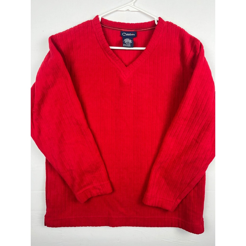 Catalina V-Neck Ribbed Sweater Ladies Large 12/14 Flash Red Fleece Pullover